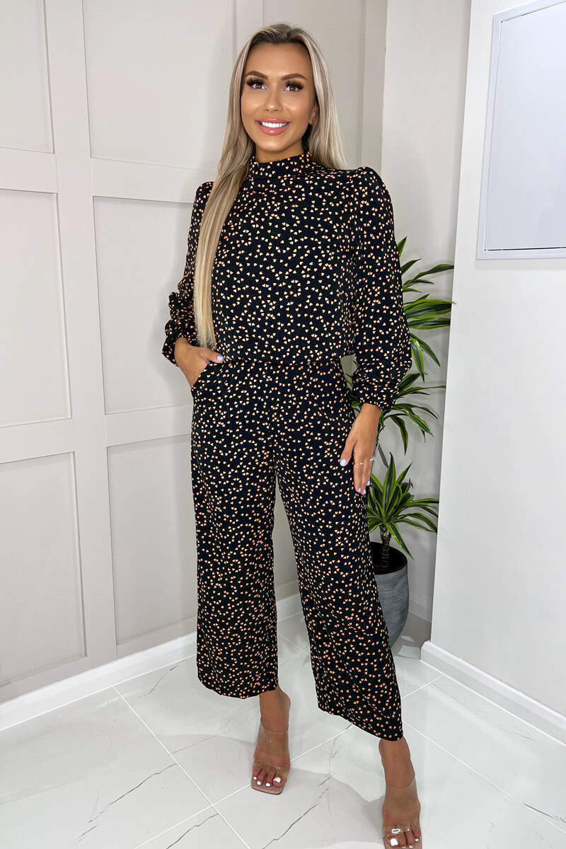 Black Heart Printed Long Sleeve Jumpsuit - Swimclubus