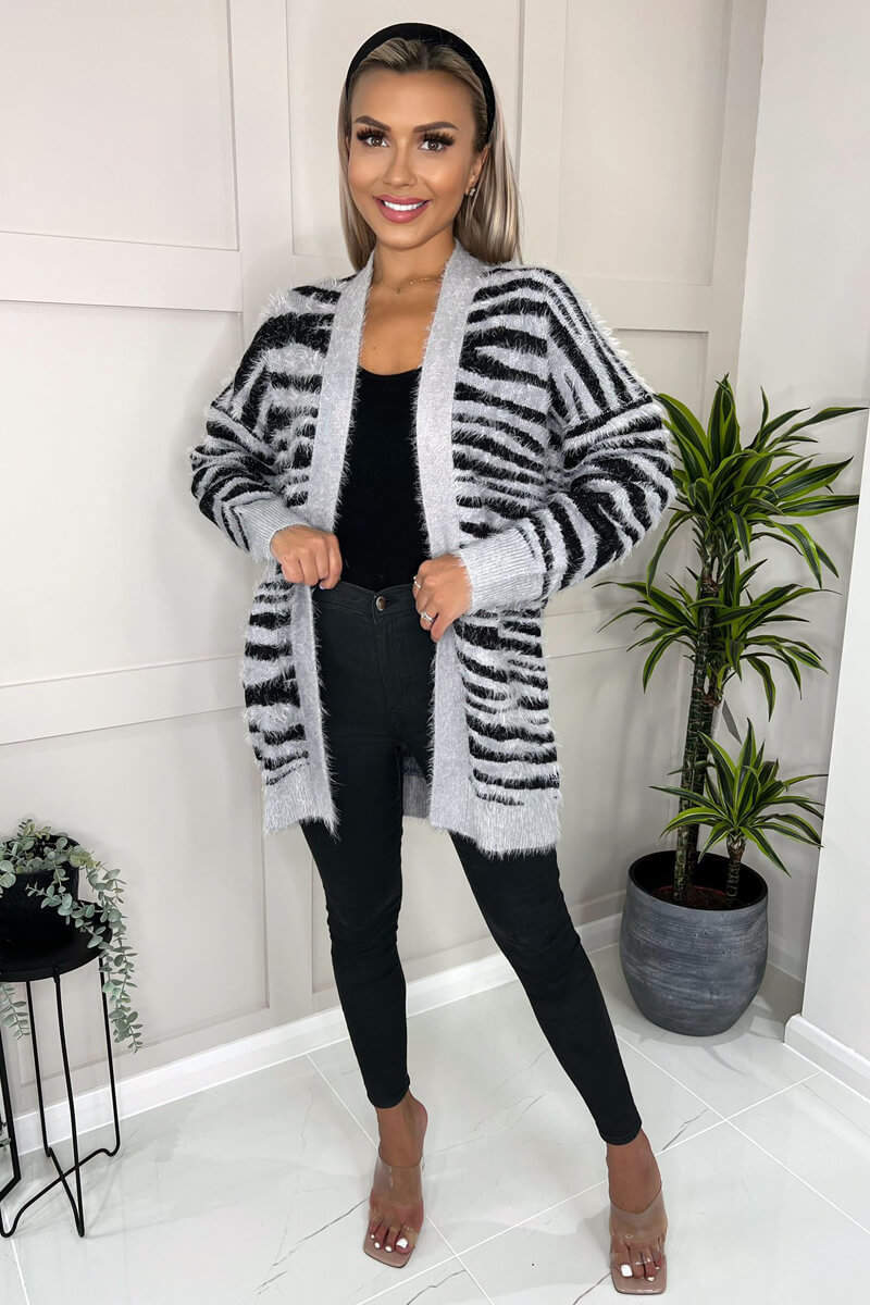 Grey And Black Fluffy Knit Long Sleeve Animal Print Cardigan - Swimclubus