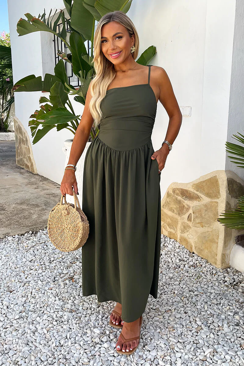 Khaki Drawstring Tie Straps Ruched Top Midi Dress - Swimclubus