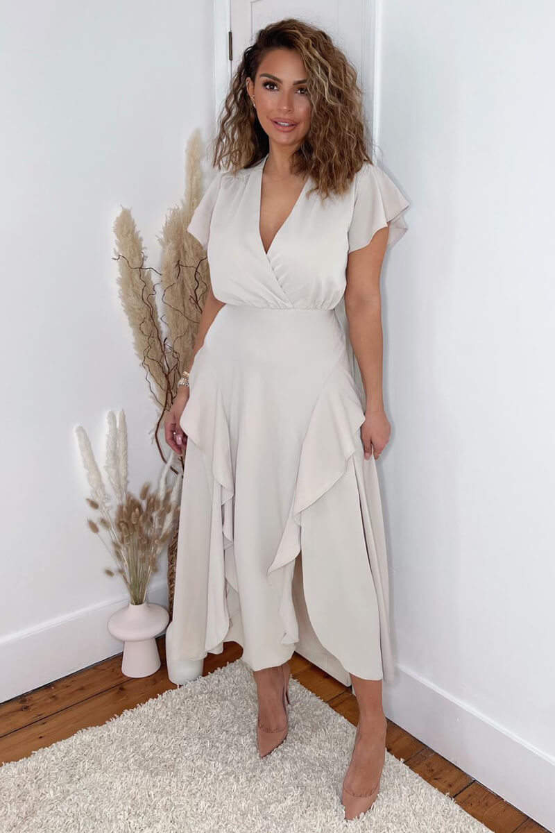 Stone Frill Detail Double Split Skirt Midi Dress - Swimclubus