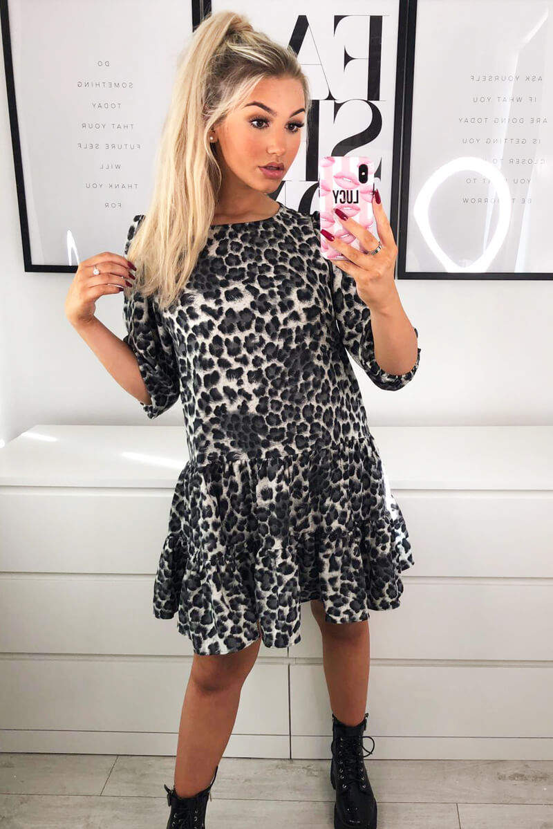 Grey Printed Frill Swing Dress - Swimclubus