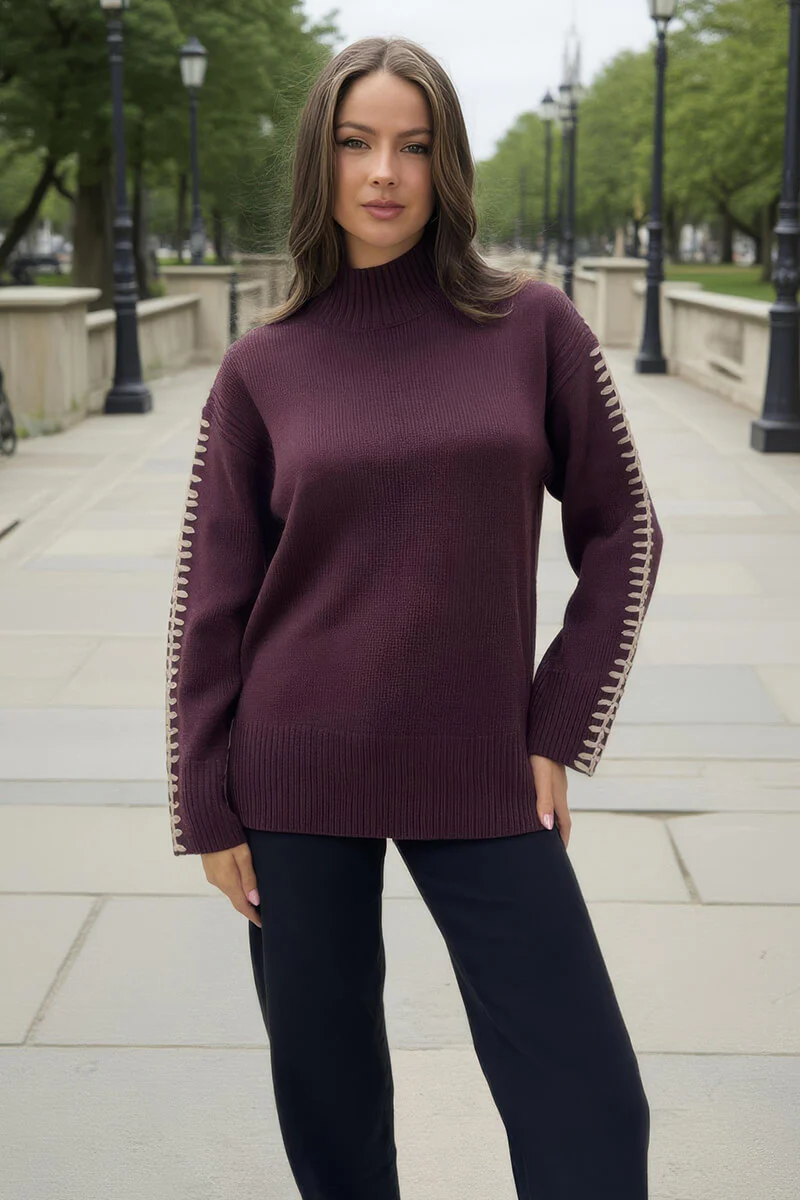 Burgundy Mock Neck Blanket Stitch Detail Jumper - Swimclubus