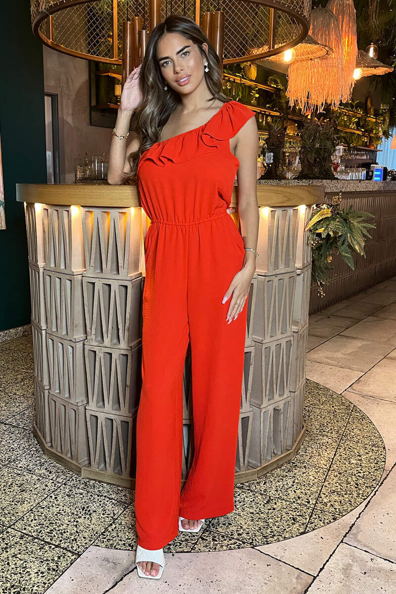 Burnt Orange Frill One Shoulder Jumpsuit - Swimclubus